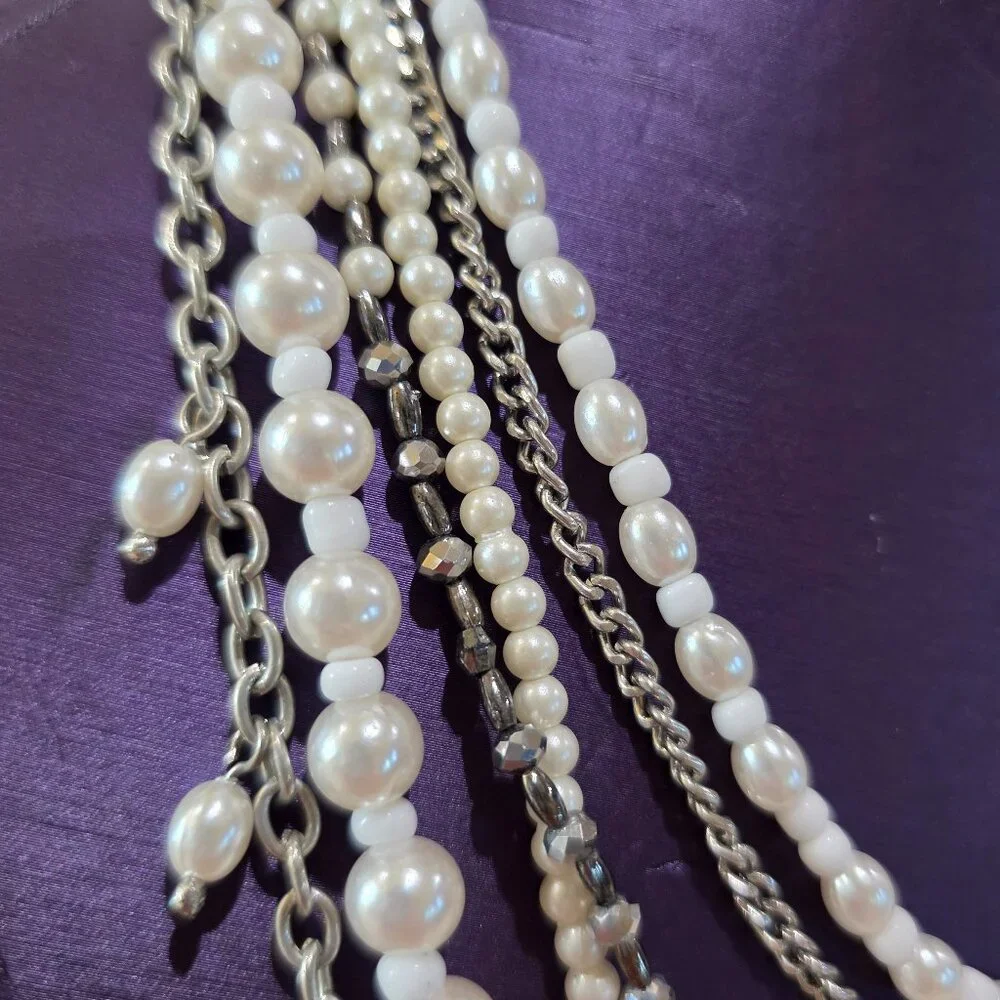Pearls and Silver Chains Six 6 Strand Layered Vintage Long Elegant Necklace